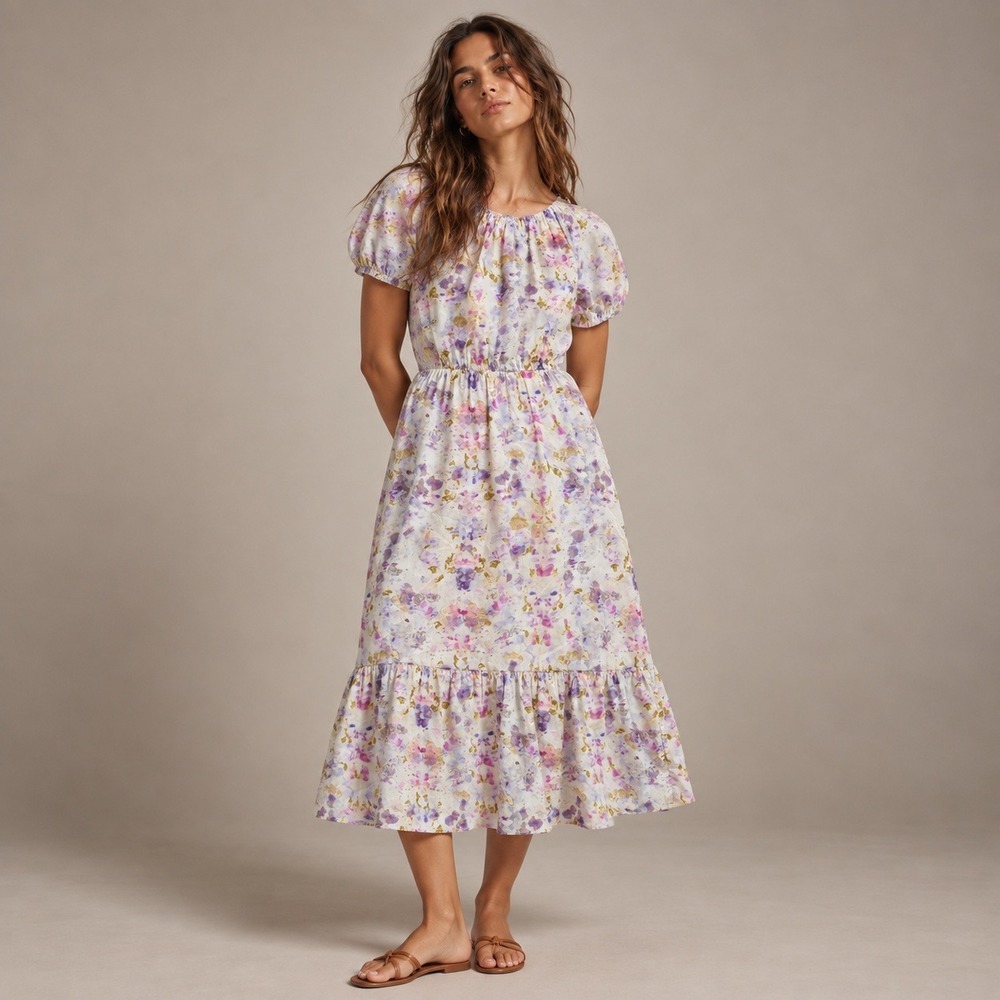 J.Crew Floral Cotton Poplin Puff Sleeve Cutout Ruffle Midi Dress Sz 8